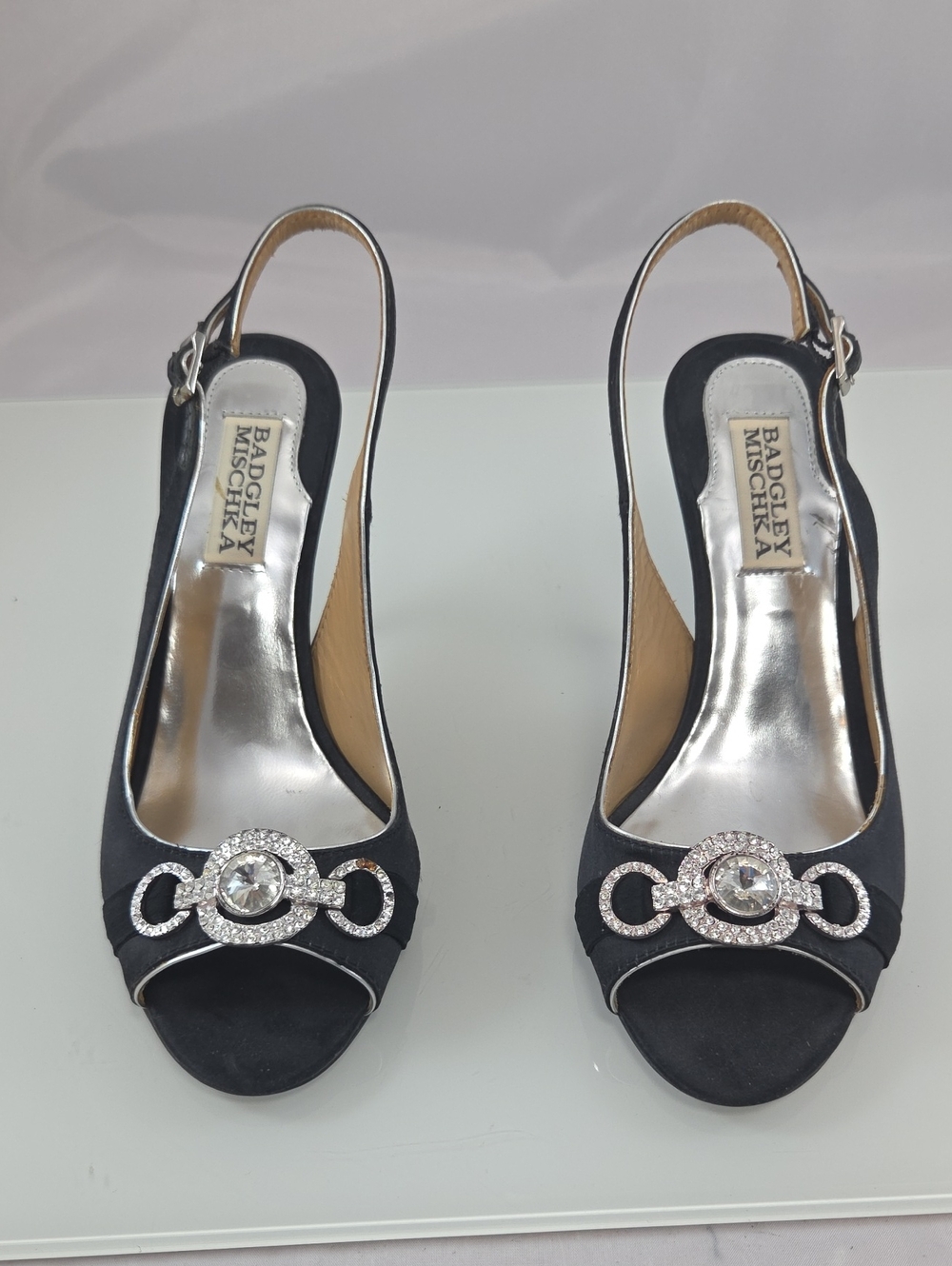 Badgley Mischka Black Embellished Slingback Peep-Toe Heels - Picture 5 of 13